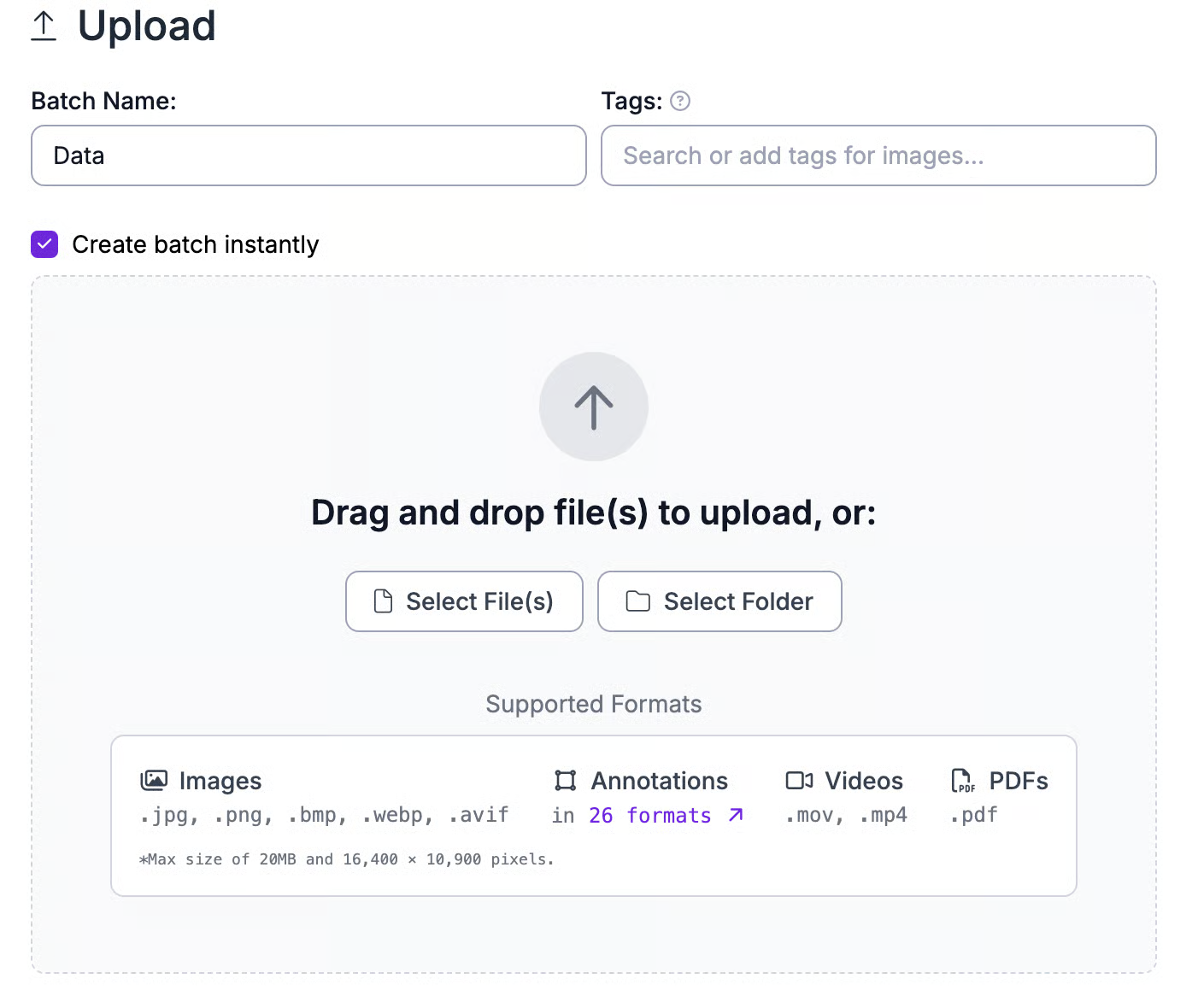 Upload data dropzone