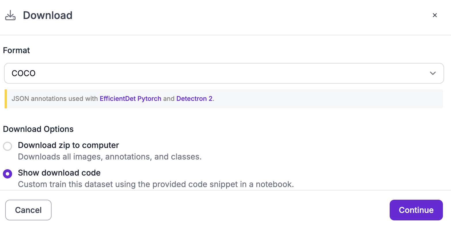 Export format selection